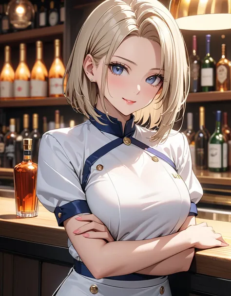  bartender , ( Japanese anime style),  cute, ( Android １８Number), Married Woman, Alluring,  Cowboy Shot , masterpiece:1.5, masterpiece, highest quality, UHD, retina, masterpiece, accurate anatomy, super detailed, high quality, best quality, 8k