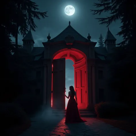 A grand and mysterious mansion illuminated by moonlight, with an imposing red door at its center. The setting is surrounded by dense, shadowy trees, and a faint mist covers the ground. A woman in a striking red dress stands at the doorway, her hand hesitat...