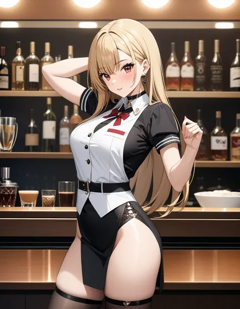  bartender , ( Japanese anime style),  cute, masterpiece:1.5, masterpiece, highest quality, Kitagawa Marin, 1girl,  Cowboy Shot , blonde hair, long hair, multicolored hair, red eyes, jewelry, earrings, piercing, black choker, UHD, retina, masterpiece, accu...