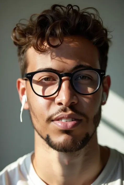 "A young man with short curly hair and a light beard, wearing round black glasses and white earbuds. The lighting is natural, coming from a window, creating a contrast of light and shadow on his face. The background is plain and minimal, emphasizing his ca...