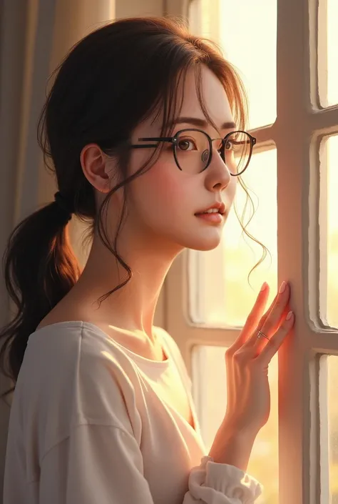 quality、masterpiece、High sensitivity、 high definition 、 detailed description 、 depicting a delicate face )), Slender woman、Glasses、Opening the window、 hair flutters in the wind、 with a smile、A pleasant morning、