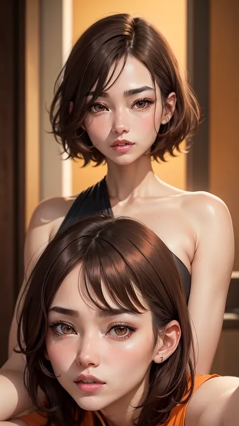 FEMALES、chill、 brown hair 、Shorthaired、 Cut eye 、Her lips are thin 、 Nasal muscle passage、 black pink 、、age 30 years、 Orange lips 、 Tick orange 、white-skinned、 hyperrealistic 、body type 、smooth hair、1 person、long neck、 Simple coordination 