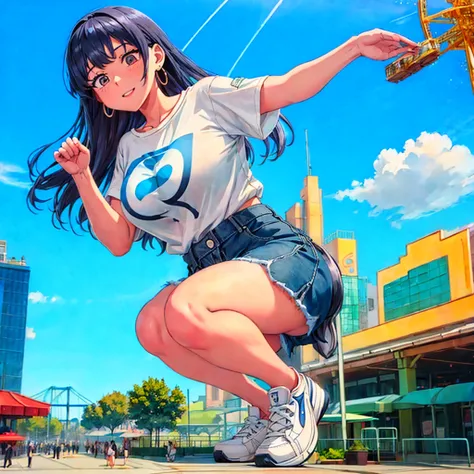 masterpiece　　 Unreal Engine 　アニメ style for stilets　Delicate Paintings 　4K　90s　 giant　crowd　 　amusement park　To　amusement parkTo立っている巨大な女の子　ferris wheel　ジェッToコースター　　crowd　スカーTo　Big Breasts　 white t-shirt　Summer clothes　Short sleeve　 Private Server 　 sneaker...