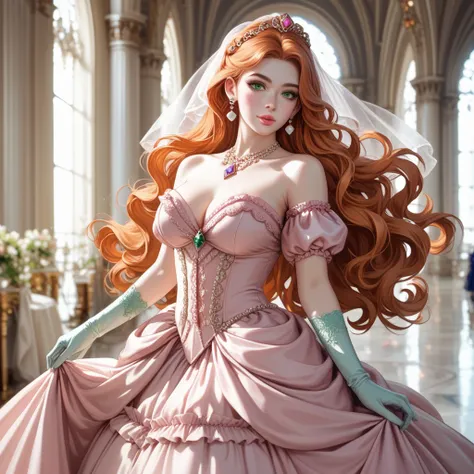 Young woman, 23 years old, English, long and delicate face, upturned nose, very long slightly wavy orange hair, elongated emerald green eyes, pink lips, pale skin, large, thin breasts. She wears an elegant pink Victorian ball gown with a long, full skirt, ...