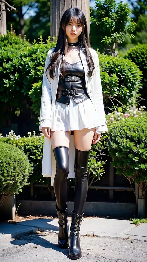 (8k、     RAW photos   、   top quality、masterpiece   :1.2)、(   realistic   、   realistic   )、1 person、((Black and White、leather、bangs、tights、heroine costume、 jacket、 see-through、 One Piece、 miniskirt、 Frills、garden、 boots、Thin legs、whole body、 Hands on her ...