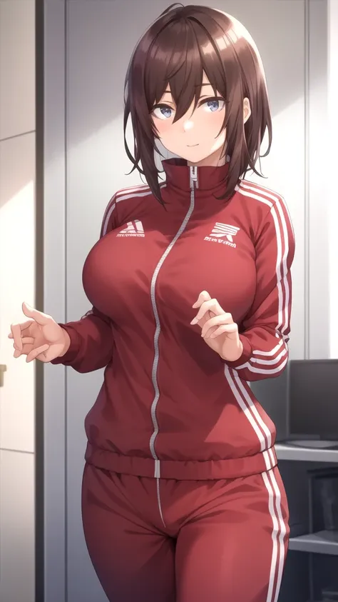 masterpiece, best quality, high quality, girl, solo, looking at viewer, fumiya_tomozaki, brown hair, hair between eyes, large breasts, track suit