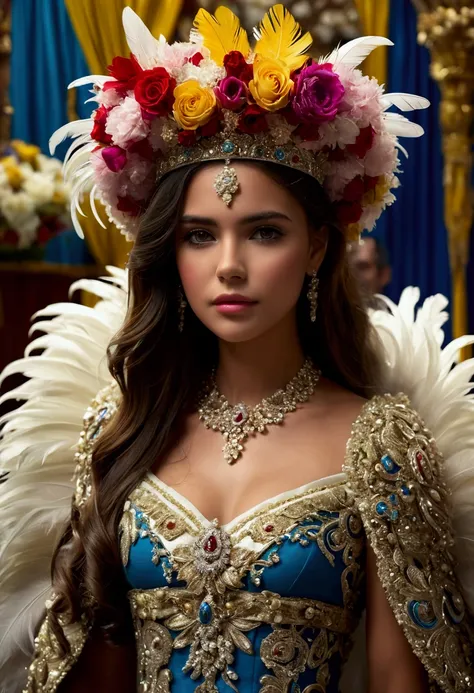 (Ultra 4K) Beautiful young girl ,What is a queen ,Colombian, dressed in a beautiful feather crown and a beautiful, long and wide dressed in flowers 