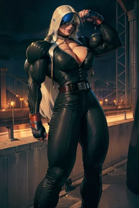 ((Close-up)), tall, (white hair) beautiful muscular woman, long hair, light brown skinned, (smirking), ((black lipstick)), (massive muscles), (hyper muscle), ((ginormous bulky muscles)), blue eyes, (((((beautiful hitwoman suit))))), ((((assassin pants with...