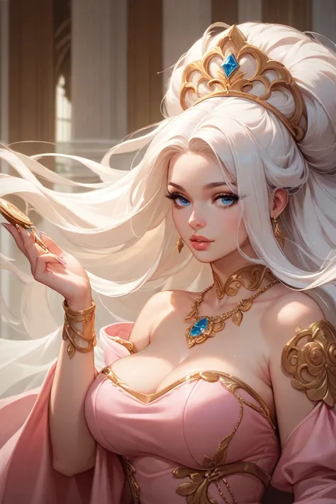  I want a beautiful princess with a majestic bun and beautiful long white hair, with blue eyes and a pink dress .  She is voluptuous and has long and beautiful nails ,  is adorned all over her body in gold . linda,  masterpiece , The best quality, 2k