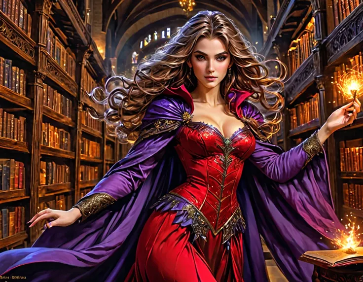 picture of a sorceress casting a spell in magical library, exquisite beautiful woman, dynamic hair color, dynamic hair style, (ultra detailed face: 1.2), best detailed face, high details, best quality, 16k, ((red elegant dress: 1.2), (purple cloak: 1.3), h...