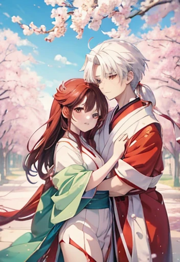 a couple of anime characters hugging each other in front of a cherry tree, inuyasha, official fanart, anime cover, made with anime painter studio, official art, manhwa, high quality fanart, painted in anime painter studio, anime wallaper, official artwork,...