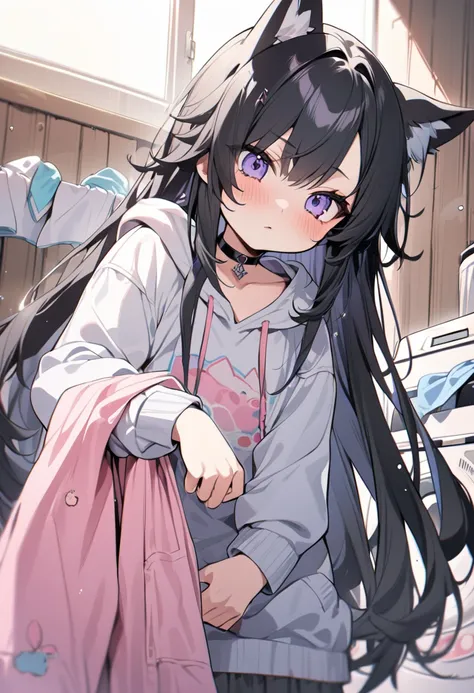 1boy,girlish-boy,ultra cute, wolf ears, wolf tail,black hair,long hair, choker, Great laundry, right after washing the hoodie with the wolf ear hood,
masterpiece,best quality,ultra detailed, very aesthetic, hyper small and clean characters in hyper cute ch...