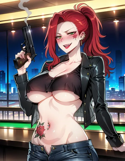 princessmalty, red hair, ponytail, green eyes, large breast,  teasing,  artstyle:(ratatatat74), nsfw, score_9, score_8_up, score_7_up, score_6_up, score_5_up, score_4_up, 
ear piercing, long hair, blush, lipstick,Hot girl, baddie, smoking, sensual, attract...