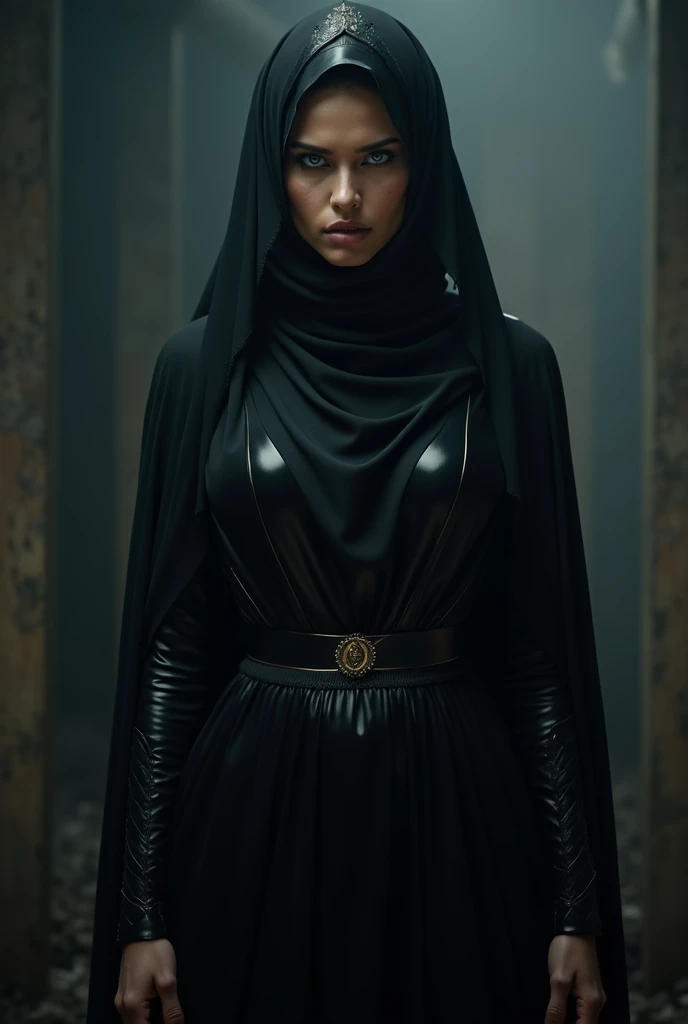 A muslim dominatrix with black latex abaya and blue eyes