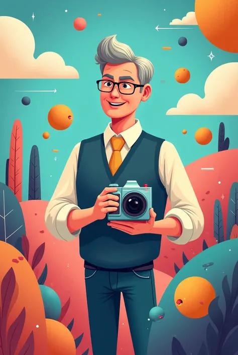  imagines a book cover about using AI,  man holding a video camera , Cute animation  