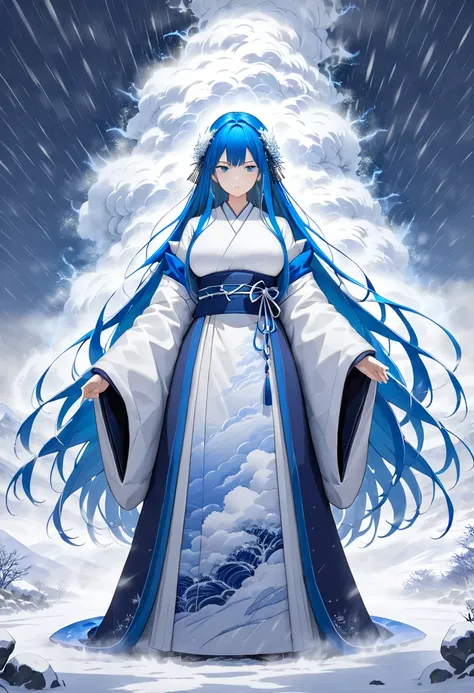 Masterpiece,Best quality, Anime style, 1 girl, snow woman, blue hair, super long hair, simple Japanese clothes, big breasts, expressionless, ish atmosphere, whole body, standing, outdoors, (((super blizzard,violent blizzard))), snowy mountain,