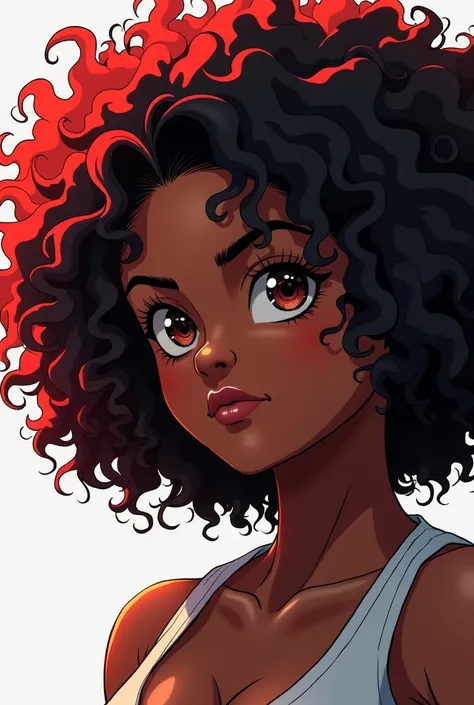 Make a black woman with curly hair with red tips,In the anime style of Boku no hero 