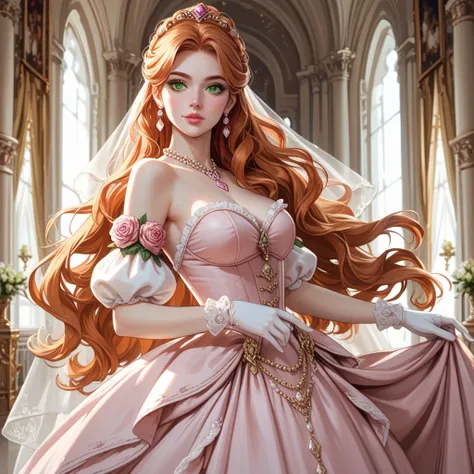 Young woman, 23 years old, English, long and delicate face, upturned nose, very long slightly wavy orange hair, elongated emerald green eyes, pink lips, pale skin, large, thin breasts. She wears an elegant pink Victorian ball gown with a long, full skirt, ...