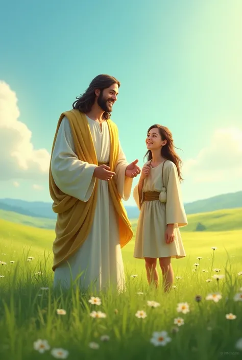 Jesus smiling next to ren in a green field