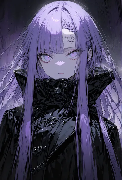 female with with long, straight pale purple hair, with straight bangs on her forehead, she is beautiful and cold, she has silver eyes, and she wears a black trench coat. There was a full moon shining on her.