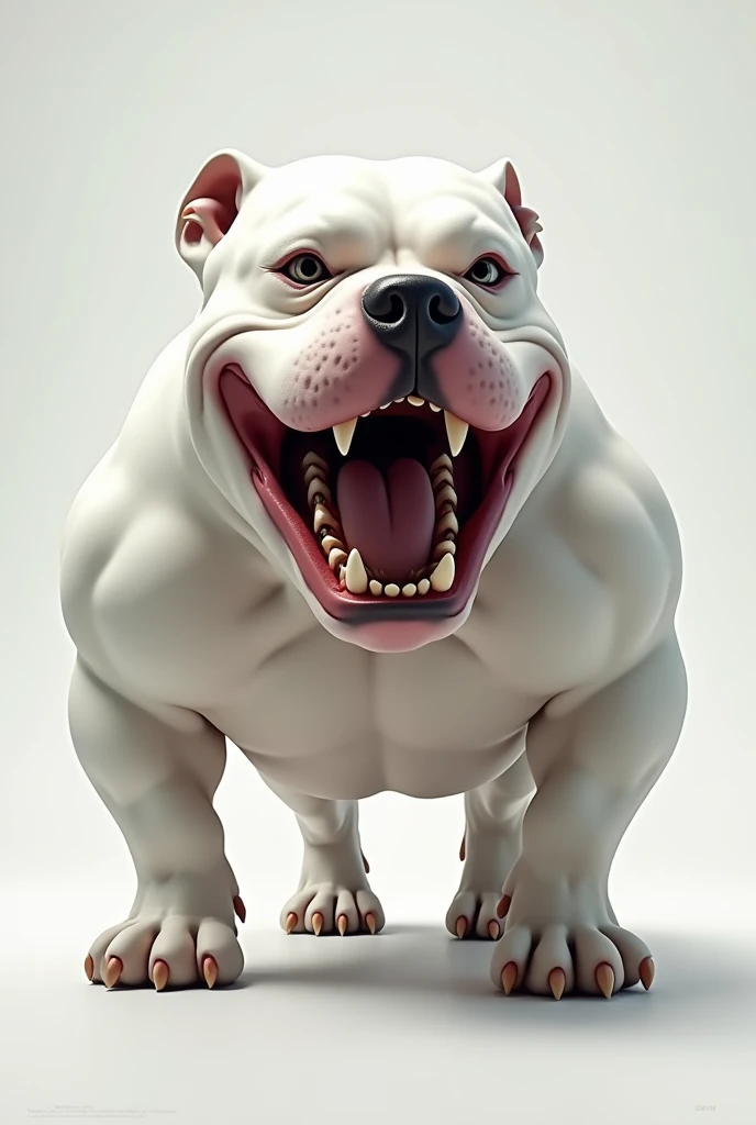 White pitbull with a very large head  ,  with a big mouth full of teeth and a 