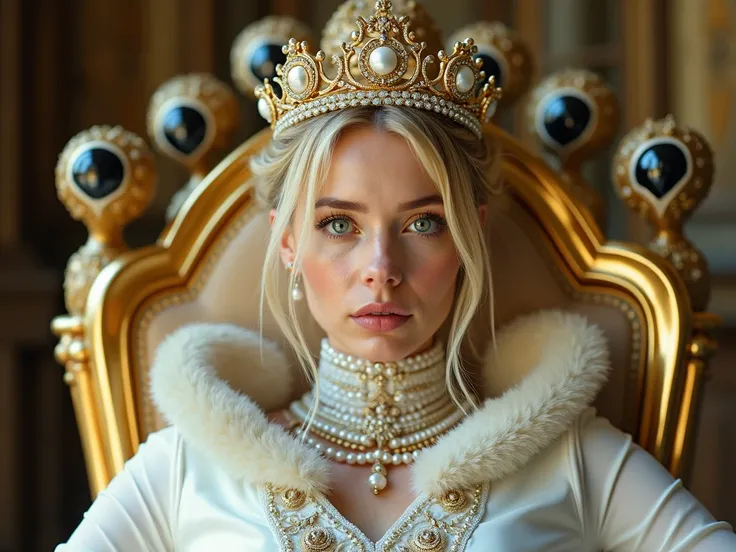 Royal photo of the 33-year-old Italian queen ,  tied blonde hair with lots of fringes , green eyes, freckles,  crown classic and futuristic style adorned with colored pearls, vestito bianco di plastica ricamato molto scollato di plastica con perle e perlin...