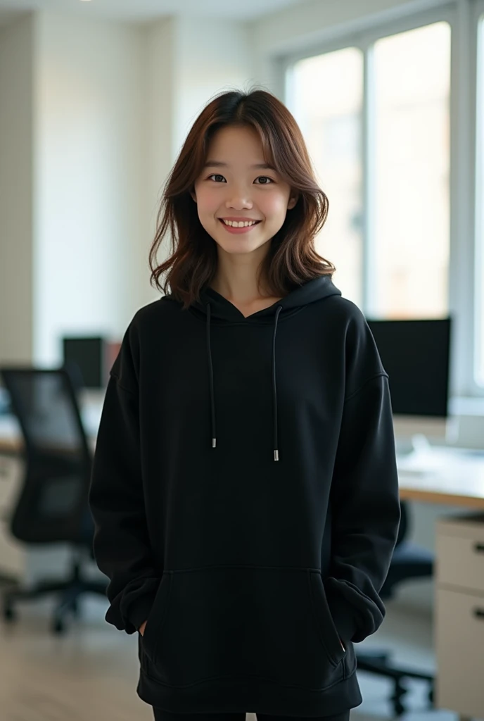 8k,Realistic、 photorealistic、 detailed description 、The location is an IT company office 、Bright light from the window、You can see a chair and desk in the back 、 The main character is a cute  old Asian woman 、 semi-long brown hair、 dark eyes、Young looking ...