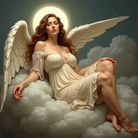 Leonardo da Vinci painting In the center of the painting, a beautiful angel, white halo above head, beautiful large breasts, lies on a cloud, her body wears by a white sheer cloth robe, brown long hair, elegance pose ,medium body shot