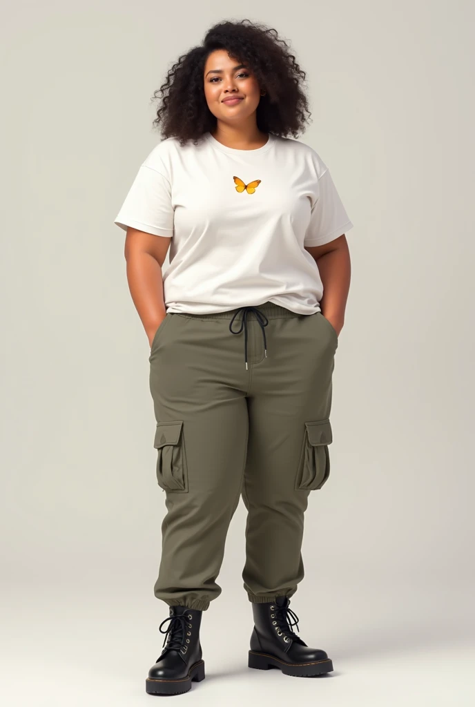 Cargo pants, basic white tshirt with a small butterfly emoji on the center, borcegos negros ,  for woman plus size pale skin over light background