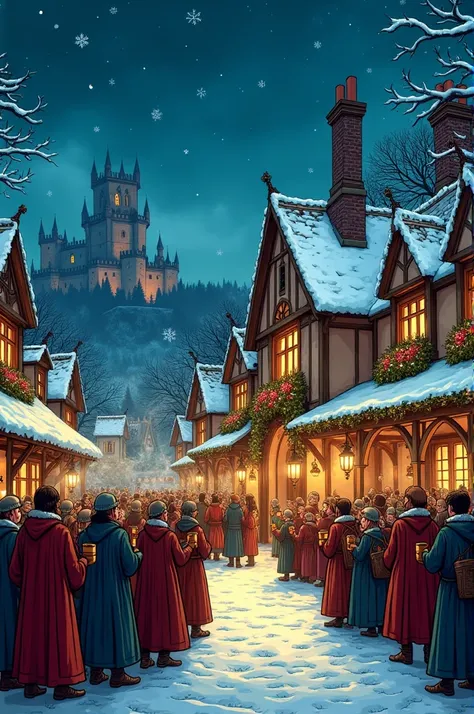 Create an perfect illustration about x-mas in a medieval England at night. Like comic book 