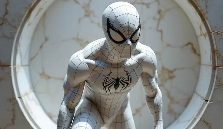 meilleure qualité: 1.0), (super haute résolution: 1.0), "An ultra-realistic marble statue of Spider-Man, sculpted in fine Carrara white marble. The statue should depict Spider-Man in a dynamic, action-packed pose, as if frozen in time, showcasing intricate...