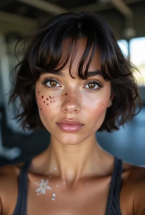 girl, gym,  short hair, dark brown eyes, Kissing lips, Vitiligo skin selfie 