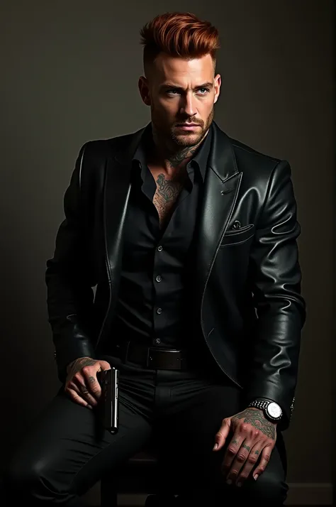 a handsome man,  natural red hair with executive cut ,  tattoos on his neck , hand tattoos ,  him wearing a black leather overcoat , a black blouse,  black pants , he is strong, high, is sitting,  the elbows resting on his knees ,  the hand holding a Glock...