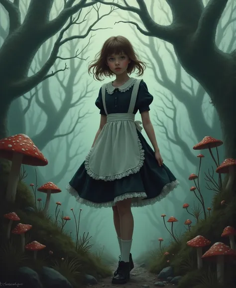  brown-haired girl in a 20th century maid dress, falls from the real world in the 20th century ,  gloomy atmosphere , Alice in the Wonder Camp