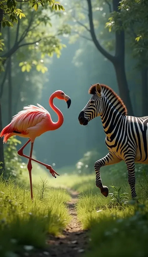 "Create an intense and surreal scene of a flamingo and a zebra facing each other in an aggressive standoff in a grassy forest. The flamingo stands tall, its pink feathers ruffled in anger, with its sharp beak open in a menacing hiss and its long, thin legs...