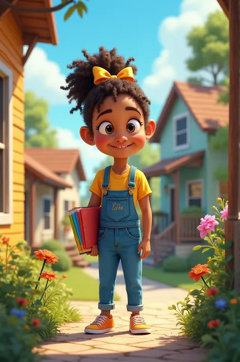 1. Zoe’s Lively Neighborhood
A vibrant, friendly neighborhood with cozy houses, and Zoe standing on her front porch holding colorful sketchbooks. She has a bright smile, curly hair tied with a yellow bow, and is dressed in overalls.