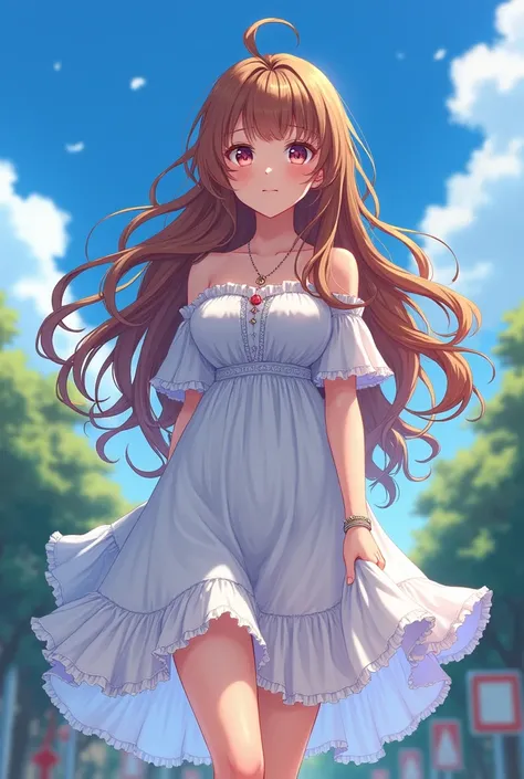  Beautiful girl with wavy long hair, anime, anime girl, cute anime girl, cute, bohemian dress, masterpiece, high-quality image, blue sky, beautiful background, young girl, loli, oppai loli, huge breasts, walking down the street