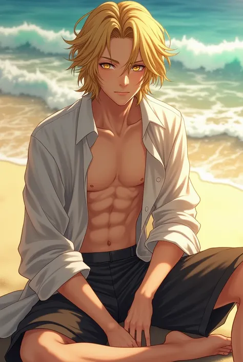 laios touden, 1boy, male focus, solo, blonde hair, light gold eyes, looking at viewer, open shirt, beach, full body, wariza/w-sitting