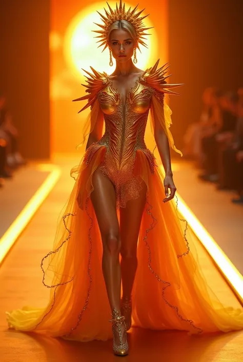 The Sun-inspired haute couture gown is a blazing spectacle of power, radiance, and celestial grandeur. The bodice is crafted from molten gold fabric with a liquid metal finish, sculpted with swirling, flame-like patterns that mirror the Sun’s turbulent sur...