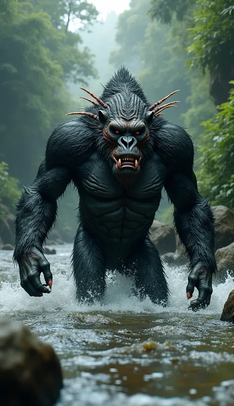 Create an image of a monstrous hybrid of a gorilla and a lion fish in a river, realistic scene format 9 :16