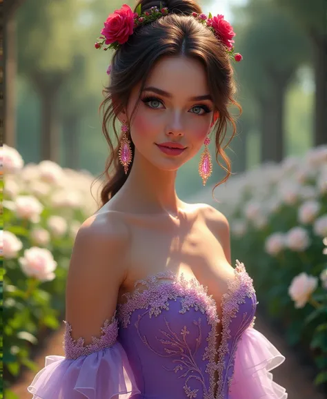 Woman Jennifer connelly woman girl 20 years old model long hair Brow bun with red rose in hair n blue eyes dress Violet sequins ballet flamenco sevillana ruffles lace Pink long earrings gold in park garden roses White 