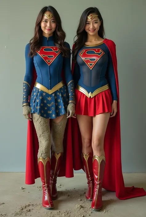  (live-action、    2 superheroines    、   supergirl on the right    、    on the left )  、  smile、    muscular、      cute Japanese supergirl in her 20s  、Supergirls feet have become stones  、 (   unrealistic)、(    supergirl costume with tentacles wrapped aro...