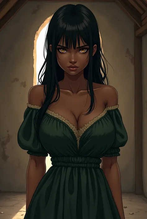 Anime woman. Dark black brown skin . Long messy straight hair with bangs hitting the forehead. Beautiful body is defined .  large and firm breasts .  Dressed as a dark green medieval European peasant woman with a bold neckline. The atmosphere takes place i...