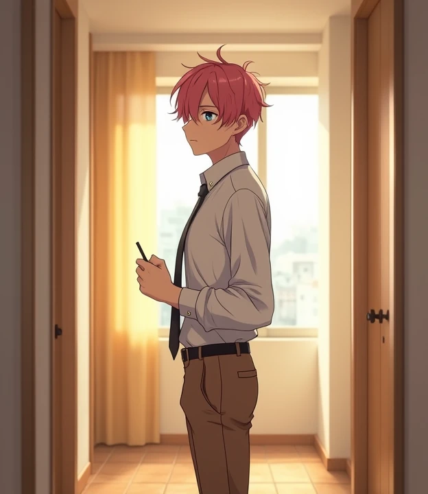  A 25-year-old anime-style man , anime To love ru,  low lighting ,  standing in the corridor of the living room , On the third floor of a white building with beige tiles in Shibuya City, Hazelnut-colored furniture surrounds the living room, The windows are...