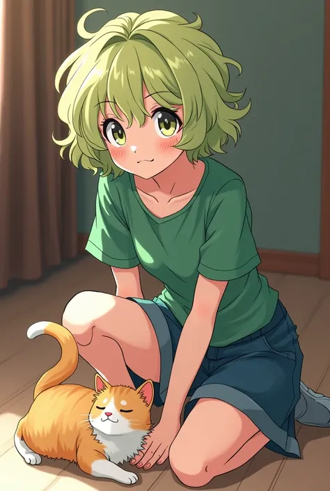 a close up of a person sitting on a floor with a cat, an anime drawing inspired by Puru, tumblr, serial art, tatsumaki, the anime girl is crouching, curly blonde hair | d & d, yami kawaii, tatsumaki with green curly hair, short curly blonde haired girl, ce...