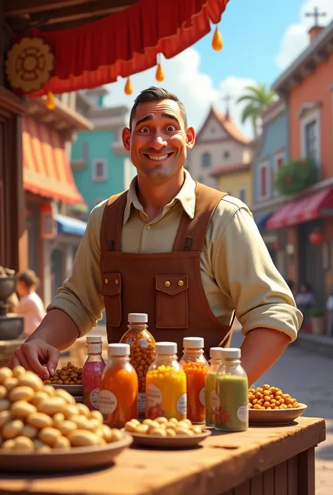 40-year-old adult with little hair and no beard selling nuts and condiments, Disney Pixar 