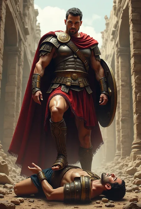 Realistic human Roman with his foot on top of another person