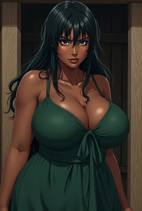 Anime woman. Dark black brown skin . Long messy straight hair with bangs hitting the forehead. Beautiful body is defined .  large and firm breasts .  Dressed as a dark green medieval European peasant woman with a bold neckline. The atmosphere takes place i...