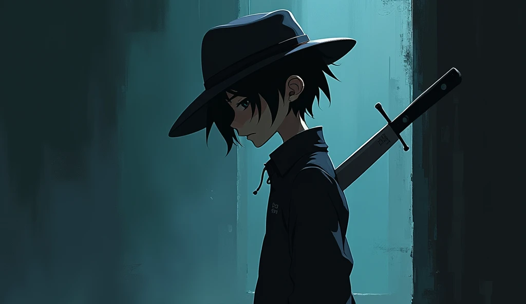 2D cool boy standing sideways, has a knife in his back and his face is not visible, he has a hat on his head