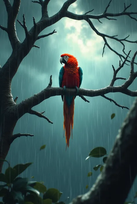 A dark and stormy sky with strong winds and heavy rain. Parrot nest is destroyed, and hes clinging to a branch for dear life.